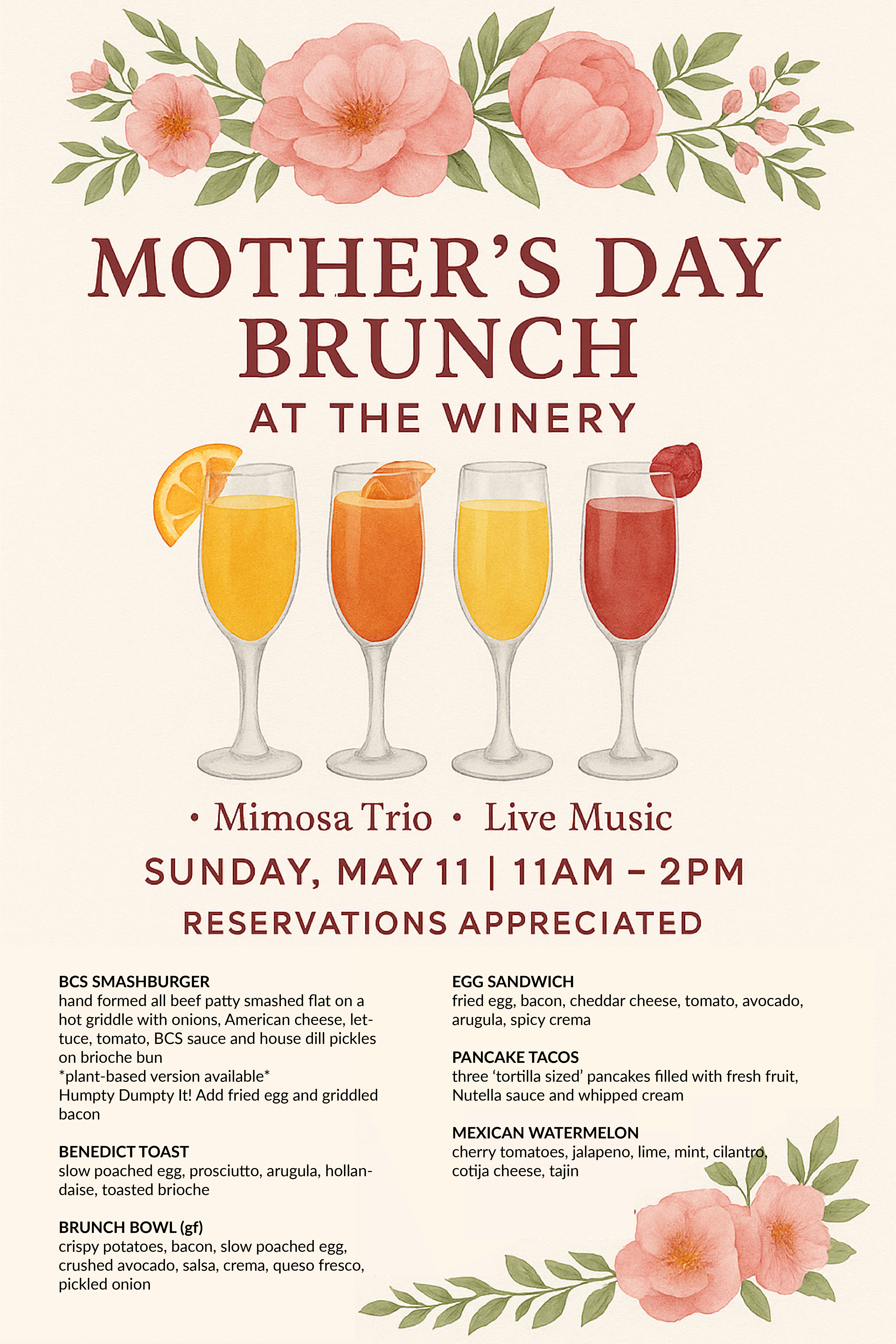 Mother's Day Sunday Brunch with Live Music, Delicious Wines & Mimosas!
